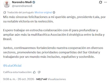 Modi felicitó a Lula por su triunfo