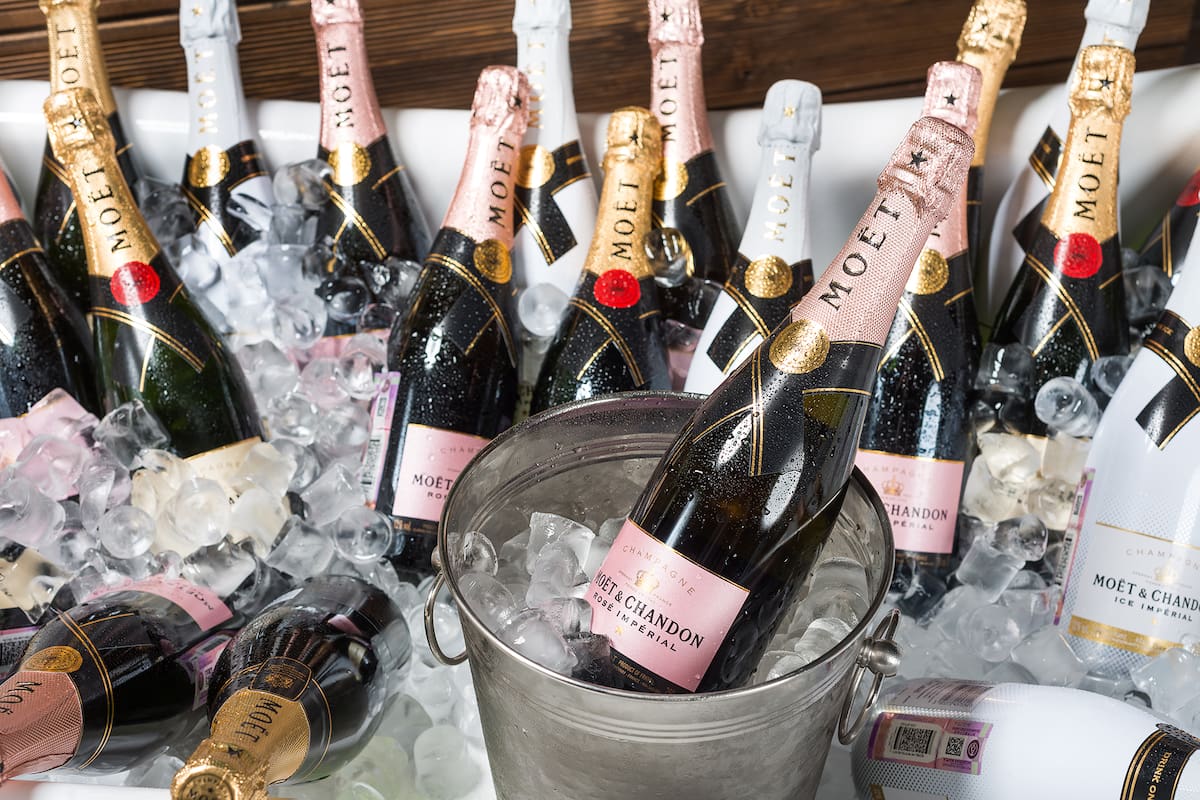 ROSTOV-ON-DON, RUSSIA - JUNE 2017: The bath is filled with ice and champagne "moet chandon" . A splendid party. Higher Society.