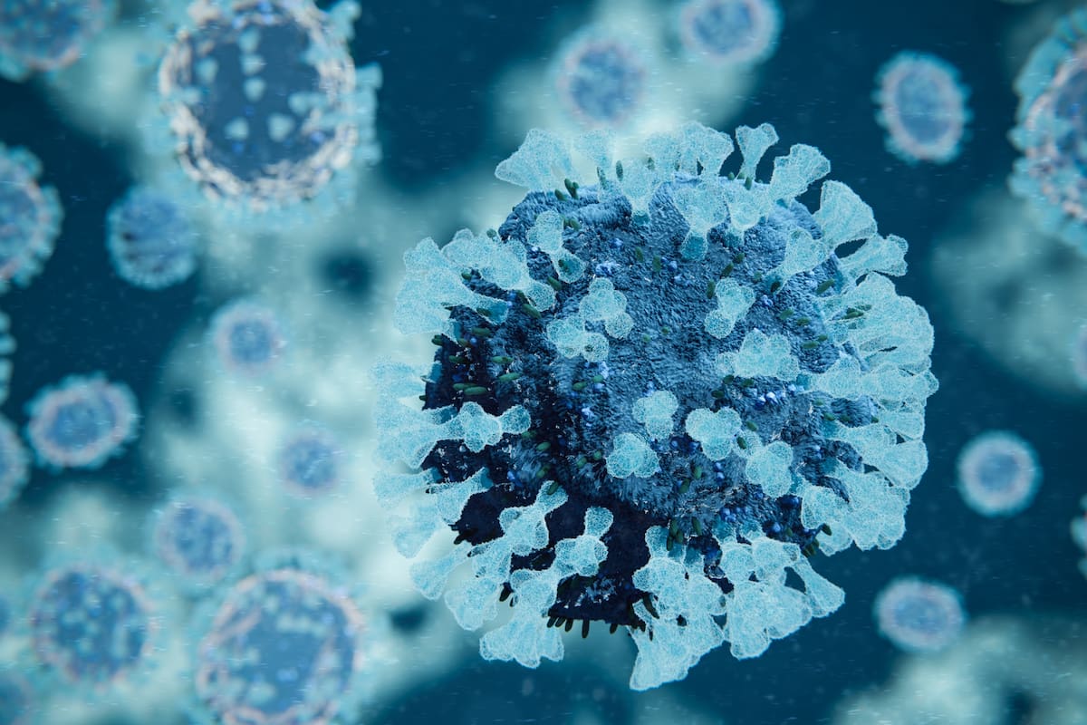 Moléculas de coronavirus azul microscópico COVID-19. ilustración 3D