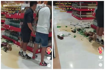 Momento en que los clientes intentan atajar las botellas para que no se rompan - Imagen: TikTok