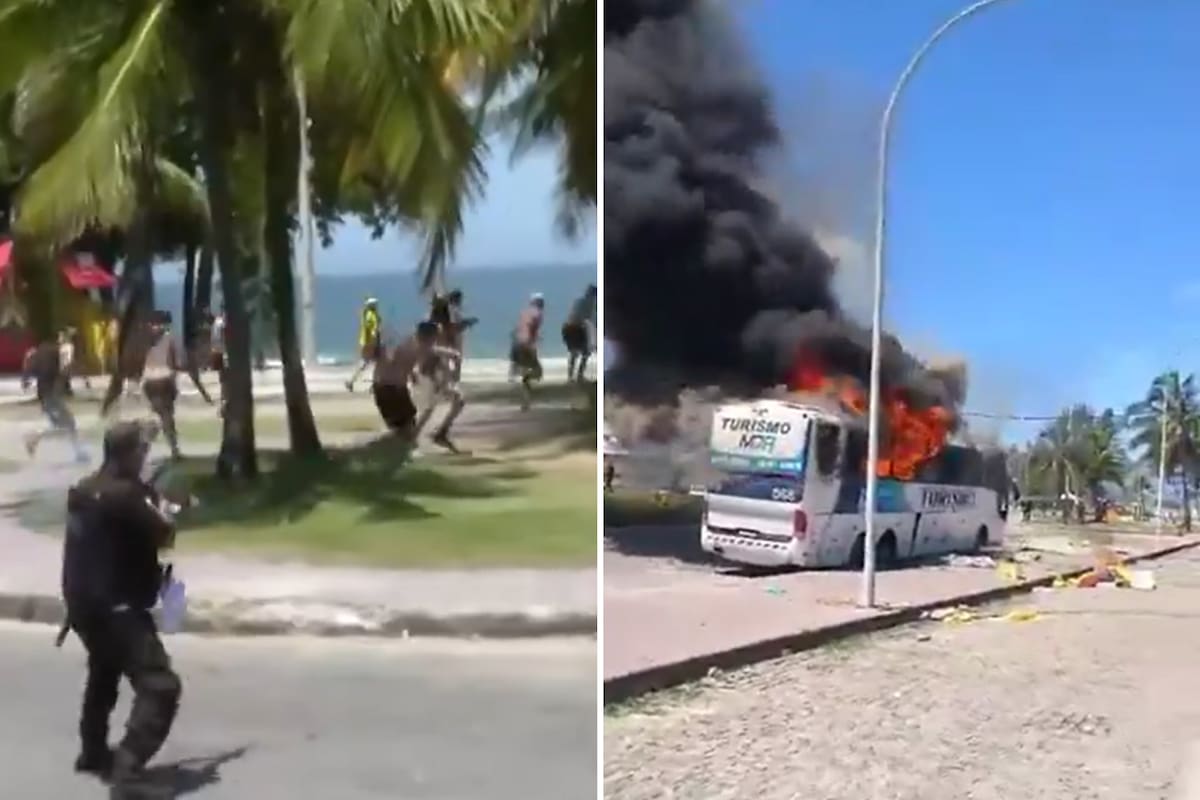 Momentos del enfrentamiento con la policía y el incendio de un micro. Foto: captura