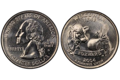 Moneda de 25 centavos acuñada en Wisconsin en el 2004