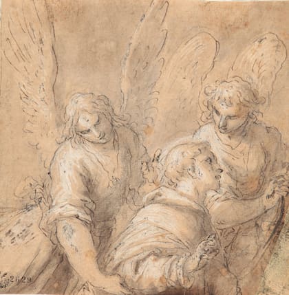 "Monje acompañado por dos ángeles" de Jacopo Negretti, llamado Palmagiovane