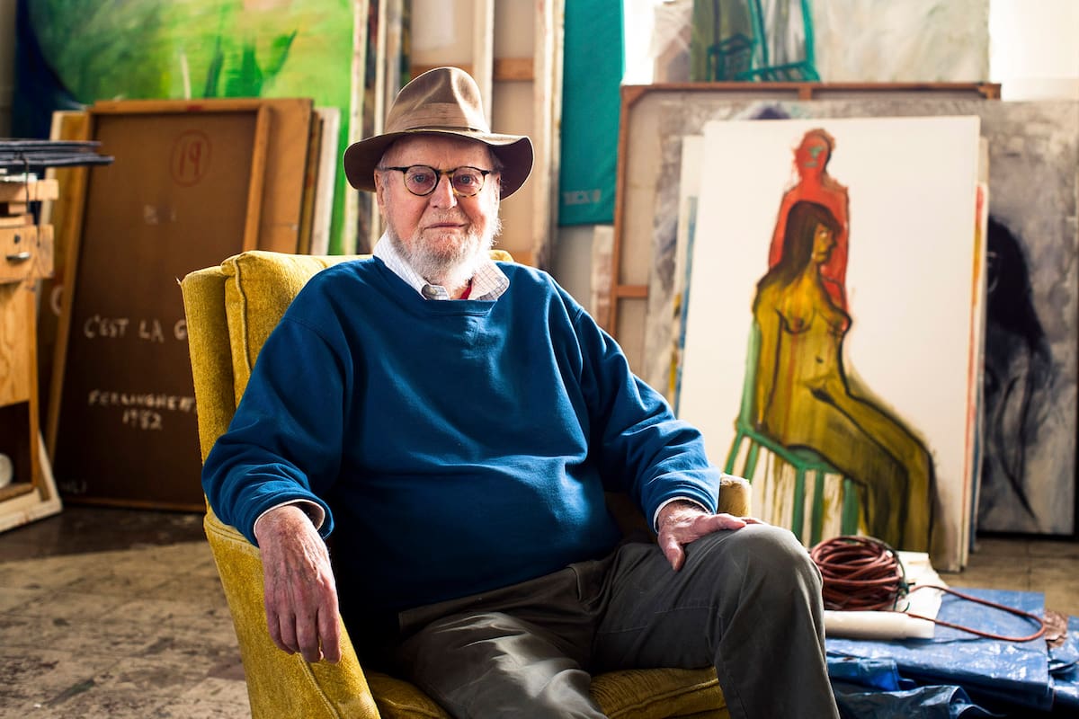 “Monkey on Back” at his studio in San Francisco, March 2, 2016. At 97, Ferlinghetti is finally finishing a book about hi-- PHOTO MOVED IN ADVANCE AND NOT FOR USE - ONLINE OR IN PRINT - BEFORE JUNE 26, 2016. -- Lawrence Ferlinghetti sits next to his painting s life, to the great delight of his longtime agent, Sterling Lord. (Brian Flaherty/The New York Times)