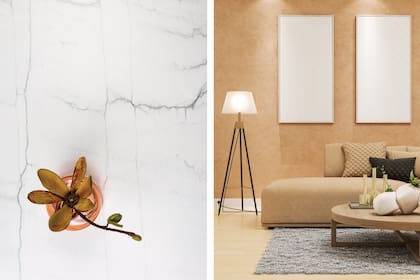 Mont Blanc, con fondo blanco y sutiles vetas negras, ocres y de color óxido es la novedad de Neolith. Der.: Colorin da un paso más con su flamante línea de revestimientos plásticos.
