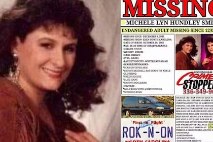 Montaje de imágenes con Michele Hundley Smith junto a su cartel de búsqueda