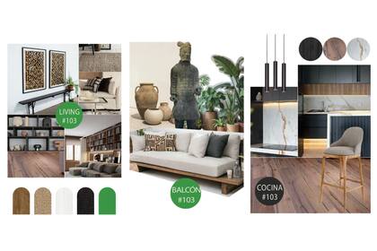 En el moodboard de Sandy Cairncross, los tonos neutros dominan, mientras que los más fuertes, como el verde o el azul, aportan profundidad.
