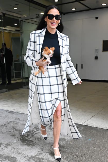 Moore y Pilaf fueron captadas en las calles de Nueva York durante una de sus habituales salidas. La actriz usó un traje de blazer y pollera a cuadros en blanco y negro, con zapatos a juego.