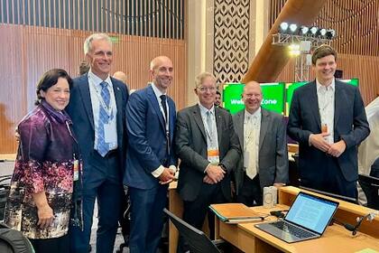 Moravian Church Settlements Delegation at the World Heritage Committee meeting. Pictured here are (from left) are Jean Manes, U.S. Deputy Representative to UNESCO; Moravian University President Bryon L. Grigsby; Bethlehem Mayor J. William Reynolds; Johnathan Putnam, Acting Chief, Office of International Affairs National Park Service; Rt. Rev. Chris Giesler; Mr. Clemens, Saxon State Minister of the Chancellery (Photo: Business Wire)