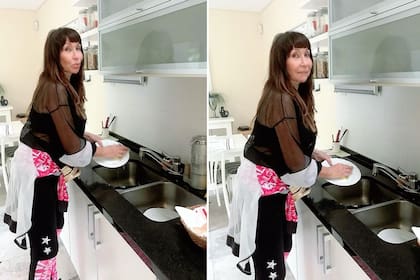 Moria Casán se mostró lavando los platos y las miradas se concentraron en que la canilla estaba cerrada