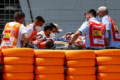 MotoGP - Spanish Grand Prix - Circuito de Jerez, Jerez, Spain - July 19, 2020 Repsol Hondas Marc Marquez is stretchered into an ambulance after crashing out during the race