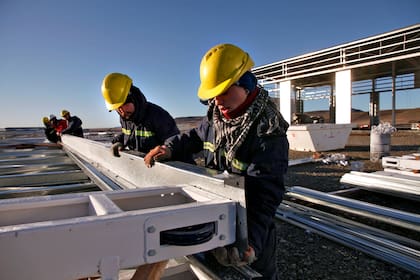 Obreros trabajan en la construcción de galpones
