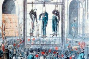 Mrtin de Alzaga y otros ejecutados de 1812 fueron colgados en la Plaza de la Victoria, actual Plaza de Mayo; la imagen es ilustrativa, representa la ejecución de los acusados por el asesinato de Facundo Quiroga