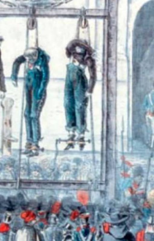 Mrtin de Alzaga y otros ejecutados de 1812 fueron colgados en la Plaza de la Victoria, actual Plaza de Mayo; la imagen es ilustrativa, representa la ejecución de los acusados por el asesinato de Facundo Quiroga