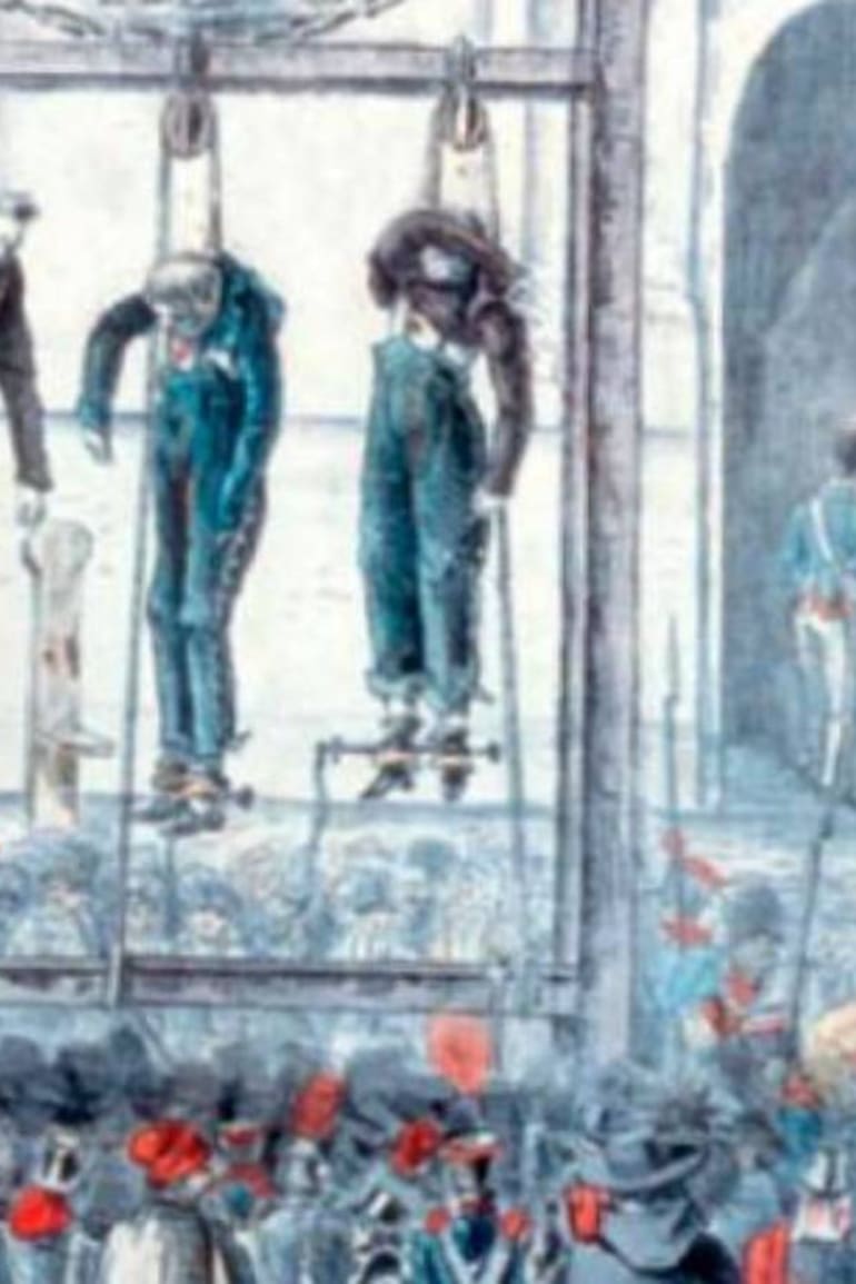Mrtin de Alzaga y otros ejecutados de 1812 fueron colgados en la Plaza de la Victoria, actual Plaza de Mayo; la imagen es ilustrativa, representa la ejecución de los acusados por el asesinato de Facundo Quiroga