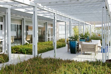 Mucho verde y una pérgola blanca definen el estilo despojado de esta terraza, en la que se contempló la inclusión un living con sillones. (Paisajismo: Lucía Schiappapietra y Asoc.)