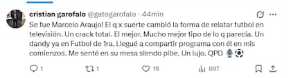 Muchos colegas expresaron su dolor por la muerte de Araujo a los 78 años