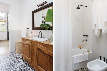 Mueble (Antigüedades Cascini). Aplique de pared (D A Iluminación). Difusor y vela (Luces Candles & Home). Grifería (Agata Faucets). (Ferrum). Canasto (Biensur). Calcáreos (Mosaicos Obregón). Esponja (Orbol). Cortina de baño (María Helena Santa Coloma). Toallas (Luna Deco).
