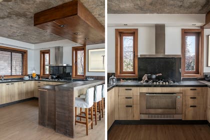 Mueble bajomesada enchapado (Egger), con mesada de mármol negro. Cortinas de madera y barra de raulí teñido y laqueado (Design Lovers). Para iluminar, spots embutidos tanto en el cielo raso como en el plafón.