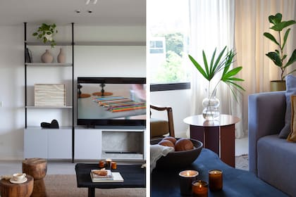 Mueble (Dash) para el televisor (Samsung), objetos deco (Philippa Deco Boutique). Macetas y plantas (Ciudad Naturaleza)