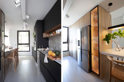 Mueble de cocina en melaminas ‘Perfect Sense’ y ‘Hickori Natural’ (Egger) diseñado por Muchnik y Wainstein. Mesada de Dekton ‘Natura’ (Canteras del Mundo), bacha (Johnson), grifería (FV). Tabla de madera con tope (Facundo Monge).