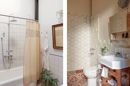 Mueble de paraíso con mesada de mármol de Carrara (Frate Mármoles). Bacha Ferrum ‘Country’. Apliques con caireles (La Merello). Pisos de porcelanato gris (Ilva). Segmento de porcelanto ‘Urba’ (San Lorenzo). Azulejos de 15x15.