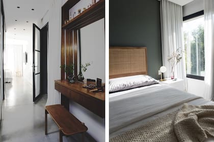 Mueble de tocador diseñado y hecho a medida, en petiribí. Banco 'Elo' (El Yeite). Respaldo de cama en esterilla (Bless Home). Mesa de luz 'Nur' (VK Home). Velador 'Tokio' (Flos Market). Ropa de cama (Philomena Home).