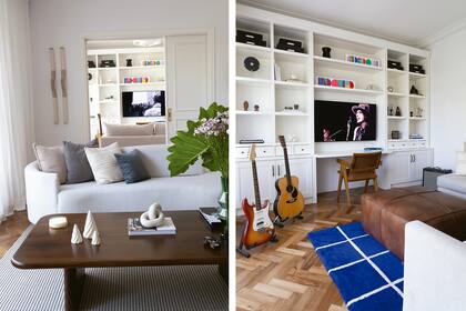 Mueble (Estudio Losa). Silla (Landmark). Obras de arte geométrico (Luna Llamazares). Pieza versátil, el butacón sirve como extensión del sillón y también como mesa.
