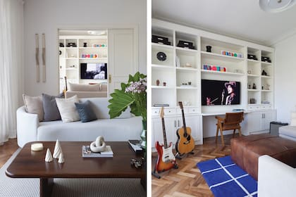 Mueble (Estudio Losa). Silla (Landmark). Obras de arte geométrico (Luna Llamazares). Pieza versátil, el butacón sirve como extensión del sillón y también como mesa.
