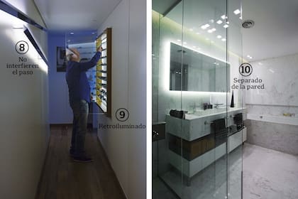 Mueble exhibidor (Estudio Abramzon). En el baño, revestimiento y mesada de mármol blanco ‘Pigues’ (Oscar Revestimientos) con bacha incorporada y grifería cromada (Hansgrohe), mamparas de vidrio divisorias y espejos con temperatura para evitar el empañado.
