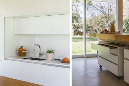 Muebles de cocina (Arq. Silvina Lightowler), mesada (Calello), bacha (Mi Pileta), grifería (FV). Planta en maceta de cerámica (Ciudad Naturaleza), cuenco de papel maché con naranjas (Mamá Elefanta). Cajoneras con ruedas (Arq. Silvina Lightowler).