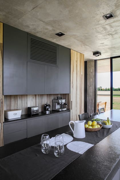 Muebles de cocina laqueados en gris y paredes revestidas en petiribí natural (AtelierM).