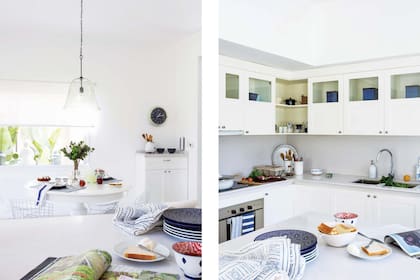 Muebles laqueados en blanco (Bienestar Deco). Mesadas de Silestone blanco ‘Norte’. Lámpara colgante ‘Cloche’ de vidrio.