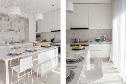 Muebles laqueados (Innova). Mesadas y revestimiento de pared Dekton ‘Aura’. Lámparas colgantes ‘Behive’ (Foscarini).