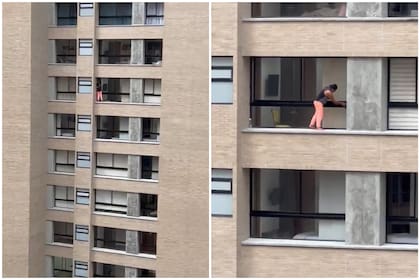 Mujer arriesga su vida limpiando ventanas en un piso 12 de Medellín