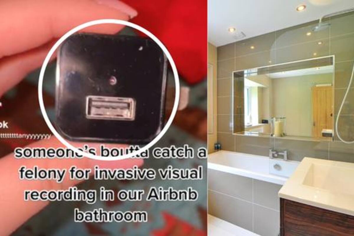 Mujer muestra la cámara espía que estaba colocada en el baño del apartamento que alquiló