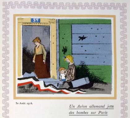 Mujer y niños sobrevivientes de los bombardeos aéreos. Ilustración de 1915 del artista francés Andre Helle