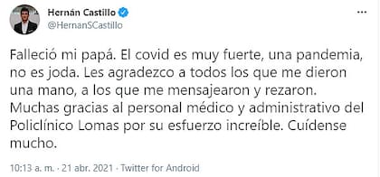 Murió el papá del periodista Hernán Castillo. Su mensaje en Twitter