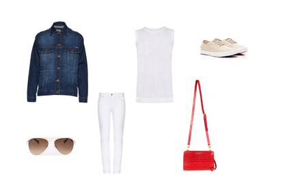 Musculosa (Tramando, $990) Jean (Wanama, $1790) Bandolera (Anne Bonny, $832 sale Fotter) Campera (AyNotDead) Anteojos (Elizabeth Arden) Zapatillas (Leaf, $1399)
