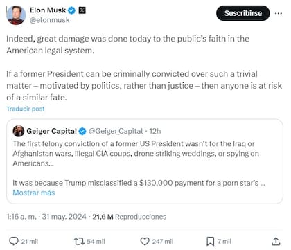 Musk reaccionó a la culpabilidad de Donald Trump