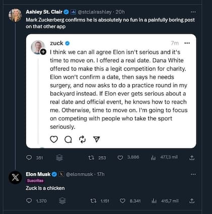 Musk tildó a Zuckerberg de "gallina" después de que el fundador de Facebook se cansó de las demoras que impuso Elon Musk para hacer una pelea de artes marciales