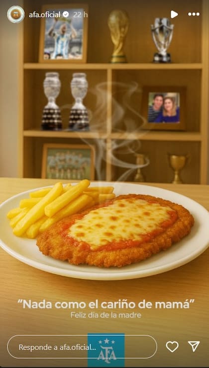 "Nada como el cariño de mamá", indicó AFA seguido de una foto de un plato de milanesas hecho con inteligencia artificial