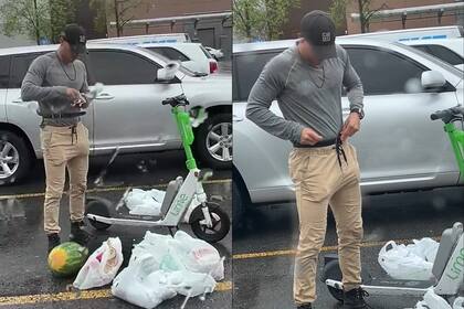 Nada de envíos, un hombre en Estados Unidos mostró la ingeniosa técnica para cargar una decena de bolsas en un monopatín eléctrico