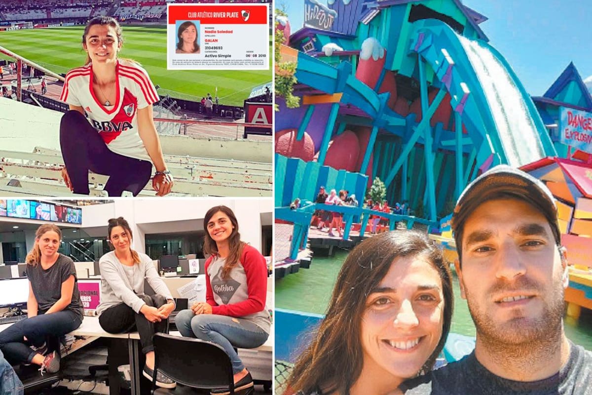 Nadia Galán, periodista. Arriba a la izquierda en la cancha de River; abajo a la izquierda con sus compañeras en la redacción; a la derecha con su pareja, Mariano