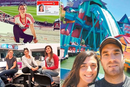 Nadia Galán, periodista. Arriba a la izquierda en la cancha de River; abajo a la izquierda con sus compañeras en la redacción; a la derecha con su pareja, Mariano