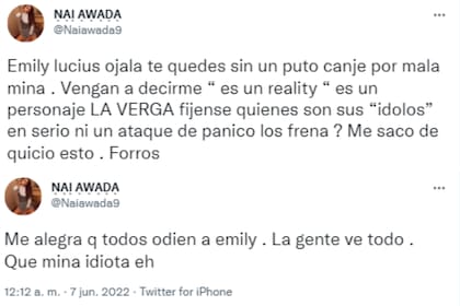 Nai Awada se sumó a la polémica y apuntó contra Emily Lucius (Foto: Twitter @Naiawada9)