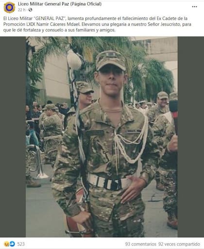 Namir Cáceres Mdael, el joven de 21 años que falleció en medio de los incendios en Córdoba, fue despedido por el Liceo Militar General Paz