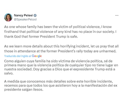 Nancy Pelosi se solidarizó con el expresidente Trump luego del intento de asesinato