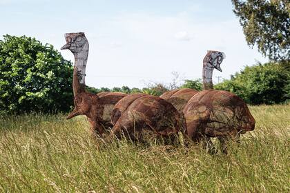 Ñandúes, de Nadia Guthmann, obra realizada en su clásico tejido metálico que ya forman parte de este paisaje pampeano.