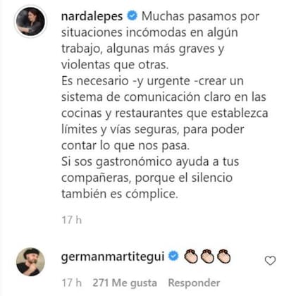 Narda Lepes se expresó sobre el acoso en la gastronomía y Germán Martitegui la felicitó efusivamente